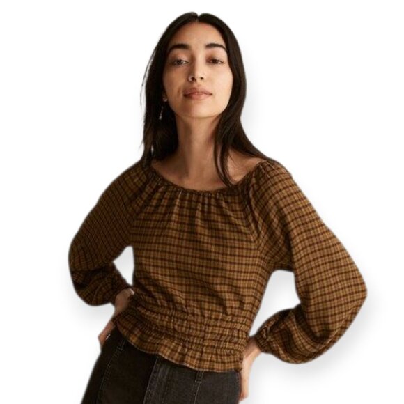Madewell Tie-Back Cutout Puff Sleeve Top in Plaid in Spiced Olive size S EUC - Picture 2 of 16